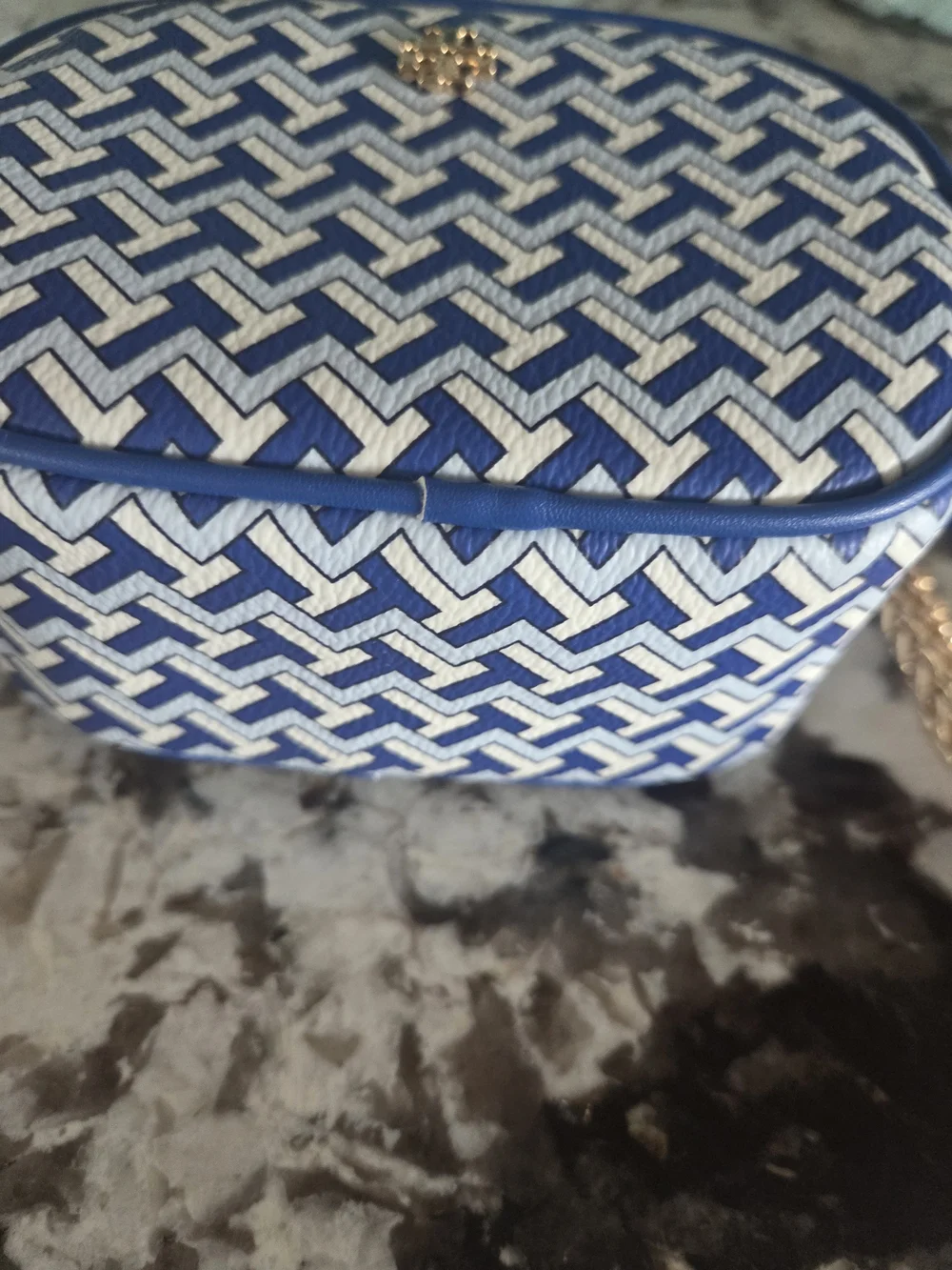 Tory Burch Blue & White Patterned Wristlet with Silver Cardholder - Picture 8 of 8
